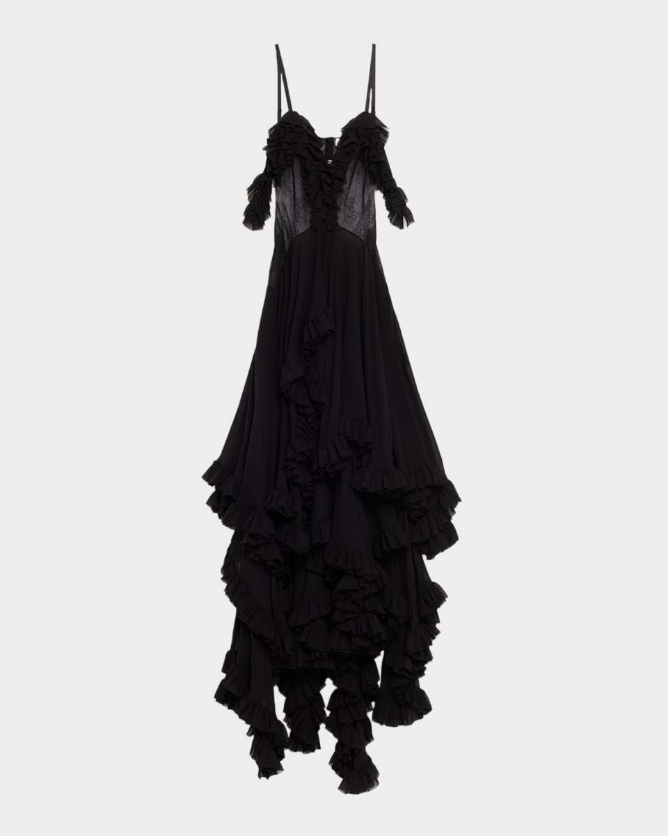 Lace-Inset Tiered Ruffle Chiffon Evening Dress